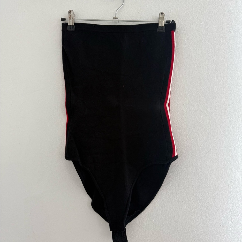 Chic Black Bodysuit with Red and White Accents